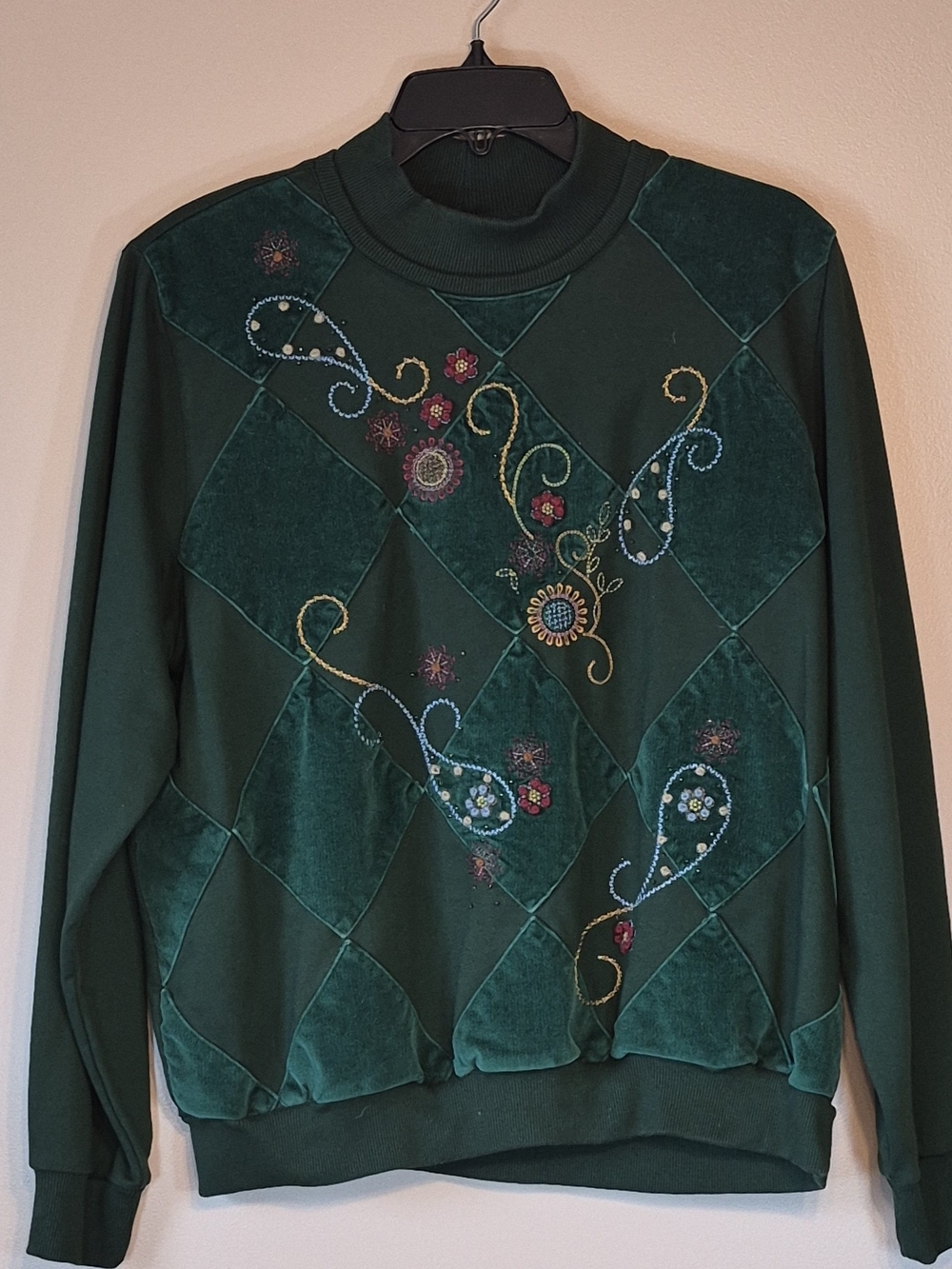 Alfred Dunner Granny Chic Green Floral Embroidered Velvet-Panel Sweatshirt